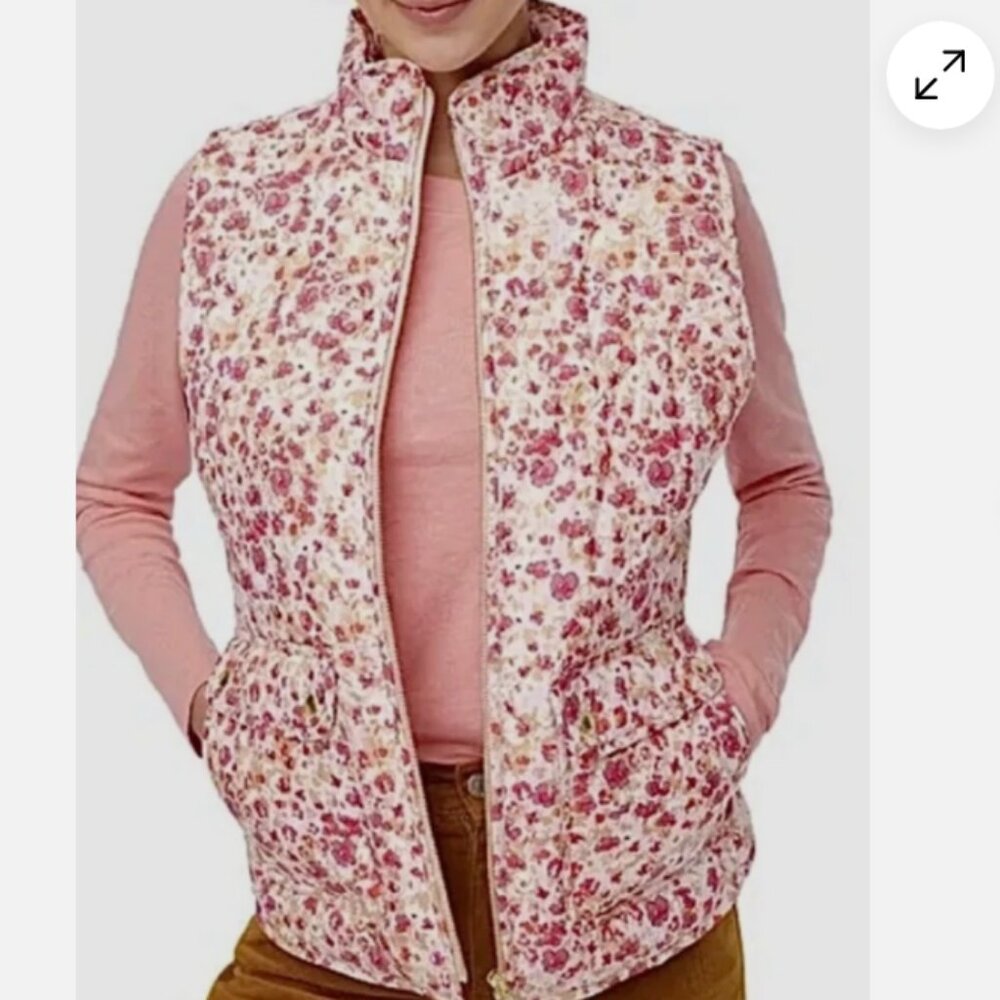 J.Crew Vest Women's Pink Floral Quilted Puffer Zip Pockets Size Small